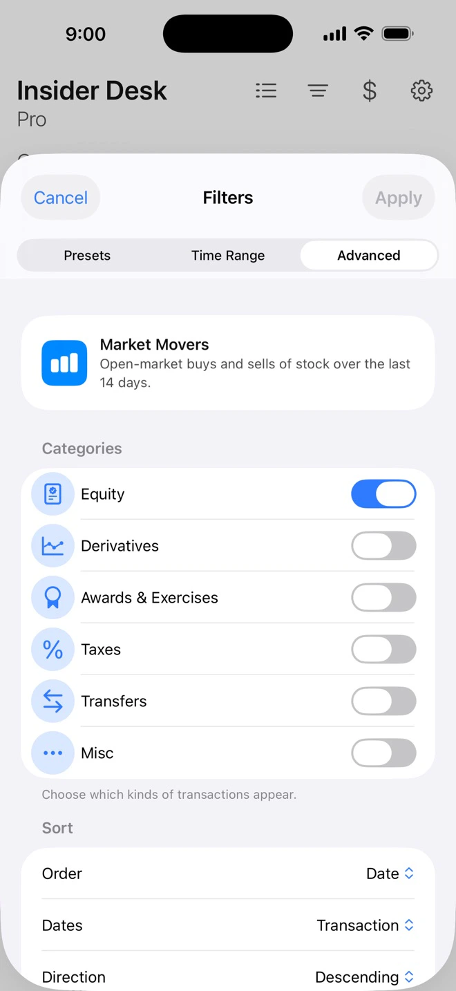 The Advanced tab: transaction categories, equity, derivatives, awards, taxes, transfers, and misc, with sort order below