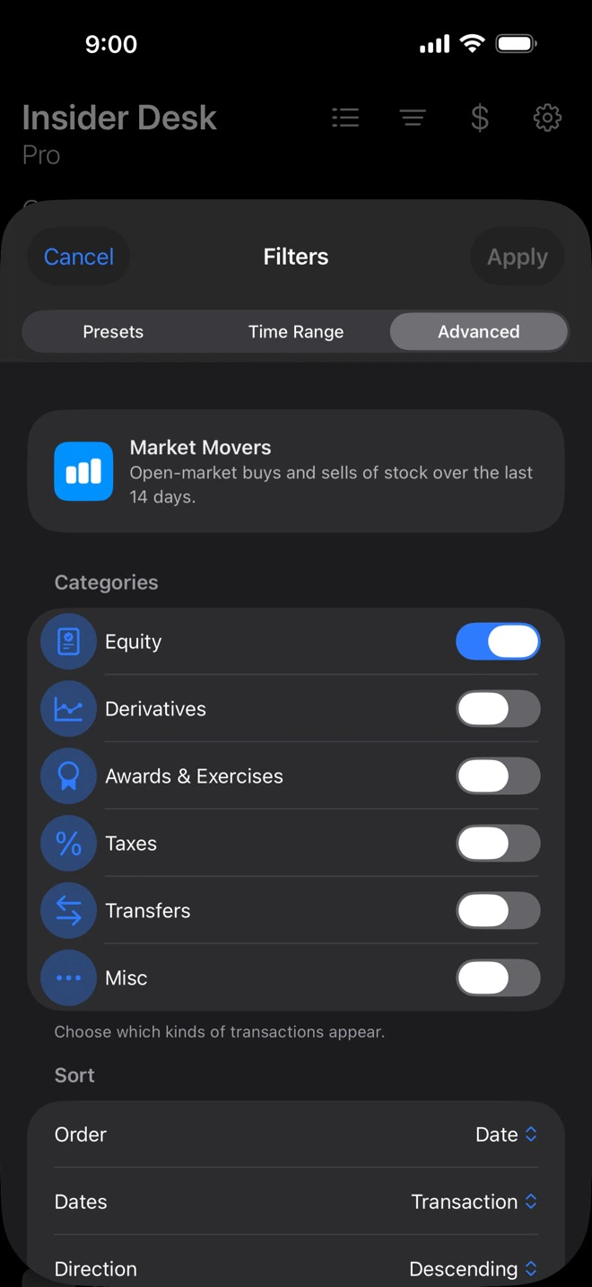 The Advanced tab: transaction categories, equity, derivatives, awards, taxes, transfers, and misc, with sort order below