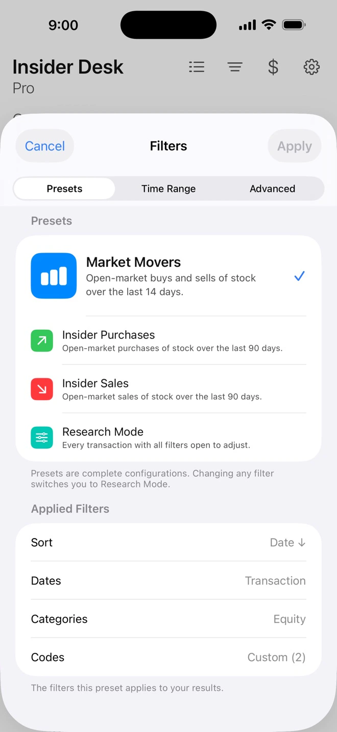 The Filters panel, Presets tab: Market Movers, Insider Purchases, Insider Sales, and Research Mode