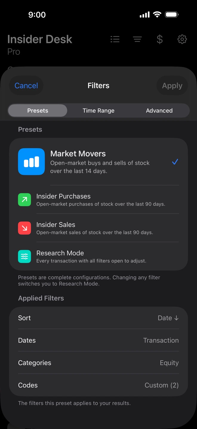 The Filters panel, Presets tab: Market Movers, Insider Purchases, Insider Sales, and Research Mode