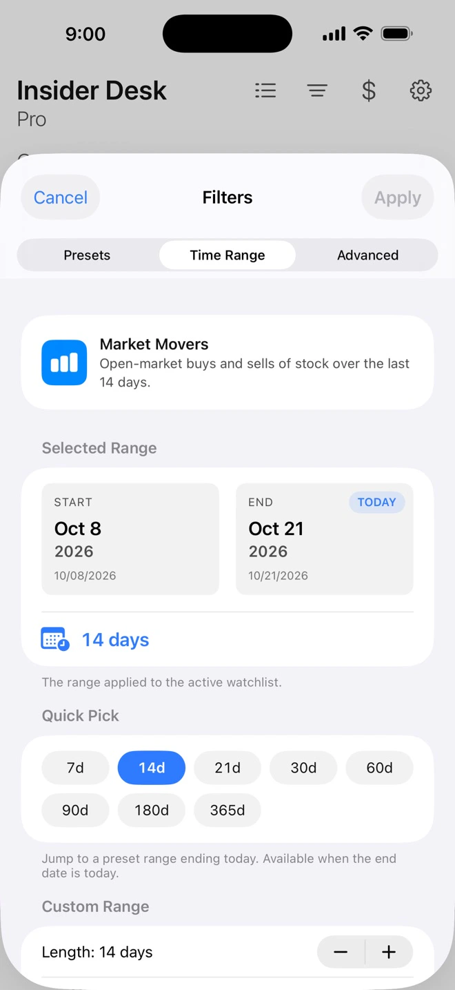 The Time Range tab: a start and end date, quick spans from a week to a year, and a custom length
