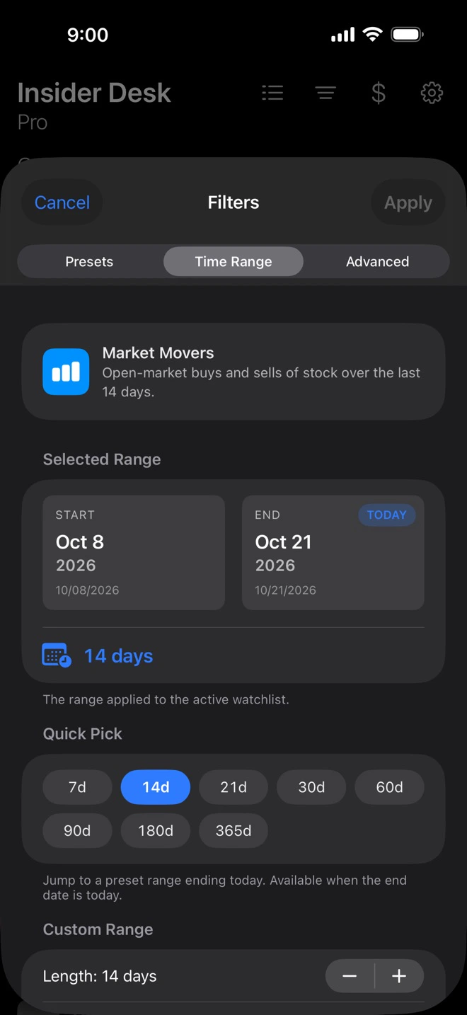 The Time Range tab: a start and end date, quick spans from a week to a year, and a custom length