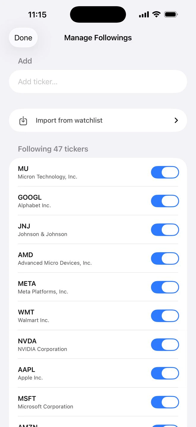 Manage Followings: add a ticker, import from a watchlist, and toggle each company you follow