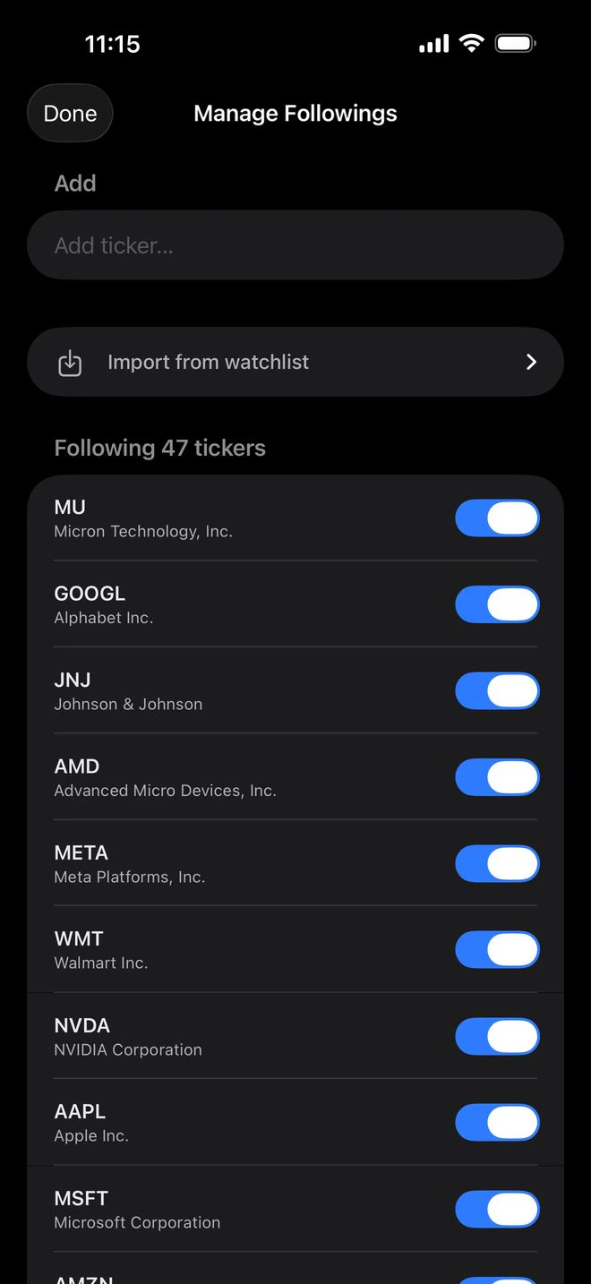 Manage Followings: add a ticker, import from a watchlist, and toggle each company you follow