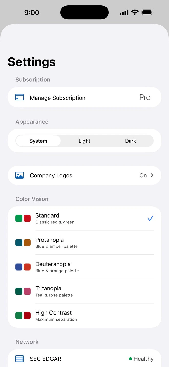 Settings: Appearance, Company Logos, and the Color Vision palettes