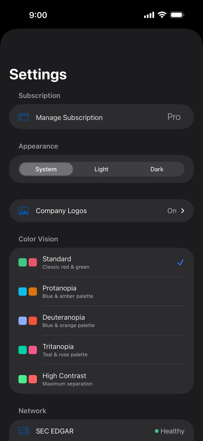 Settings: Appearance, Company Logos, and the Color Vision palettes