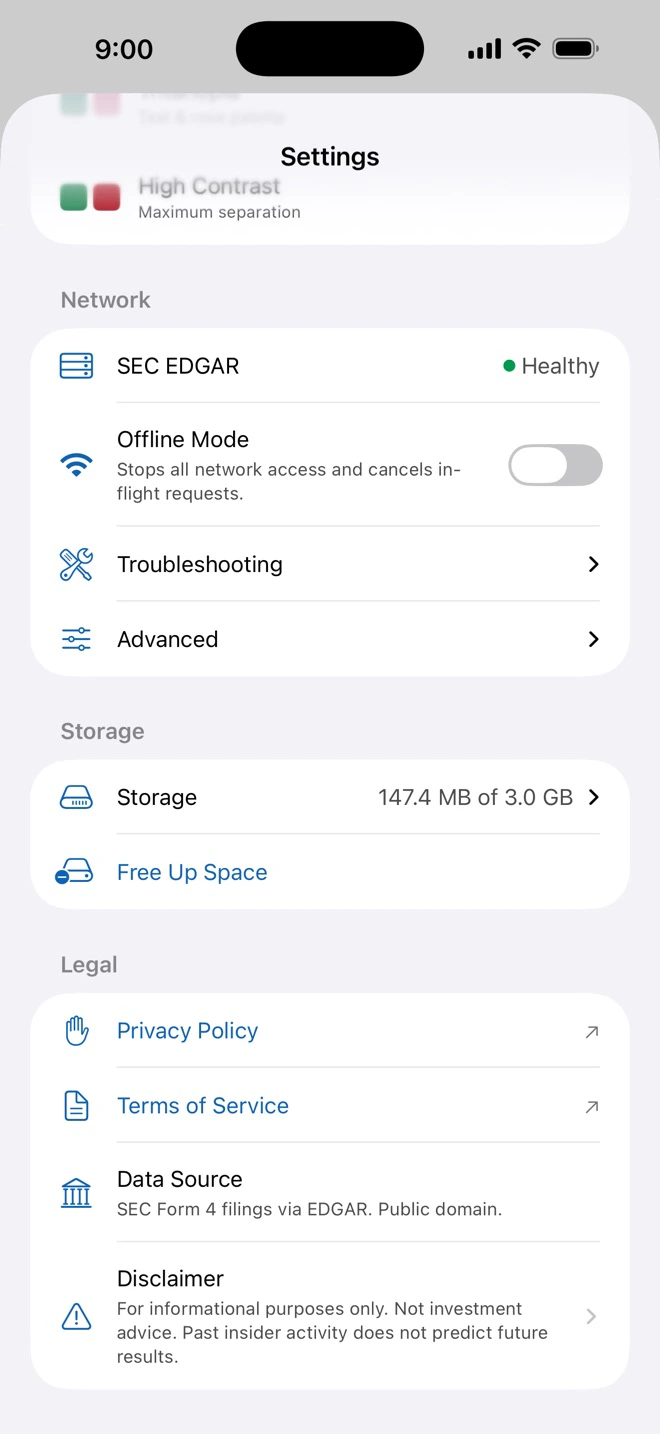 Settings: the SEC EDGAR network, offline mode, and on-device storage
