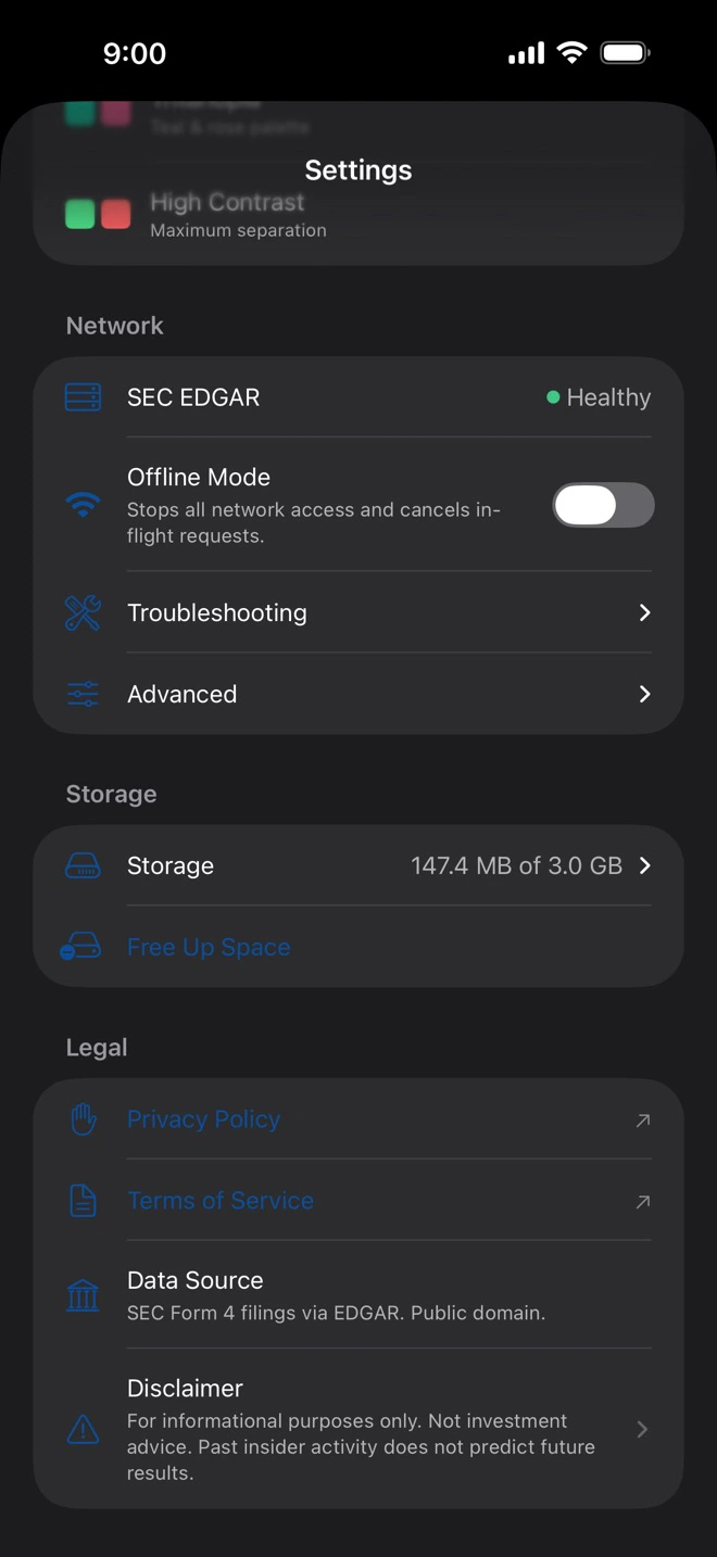 Settings: the SEC EDGAR network, offline mode, and on-device storage