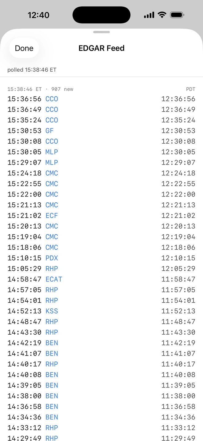 The EDGAR Feed opened full screen, filing by filing with each ticker and its time in Eastern and local time, newest first